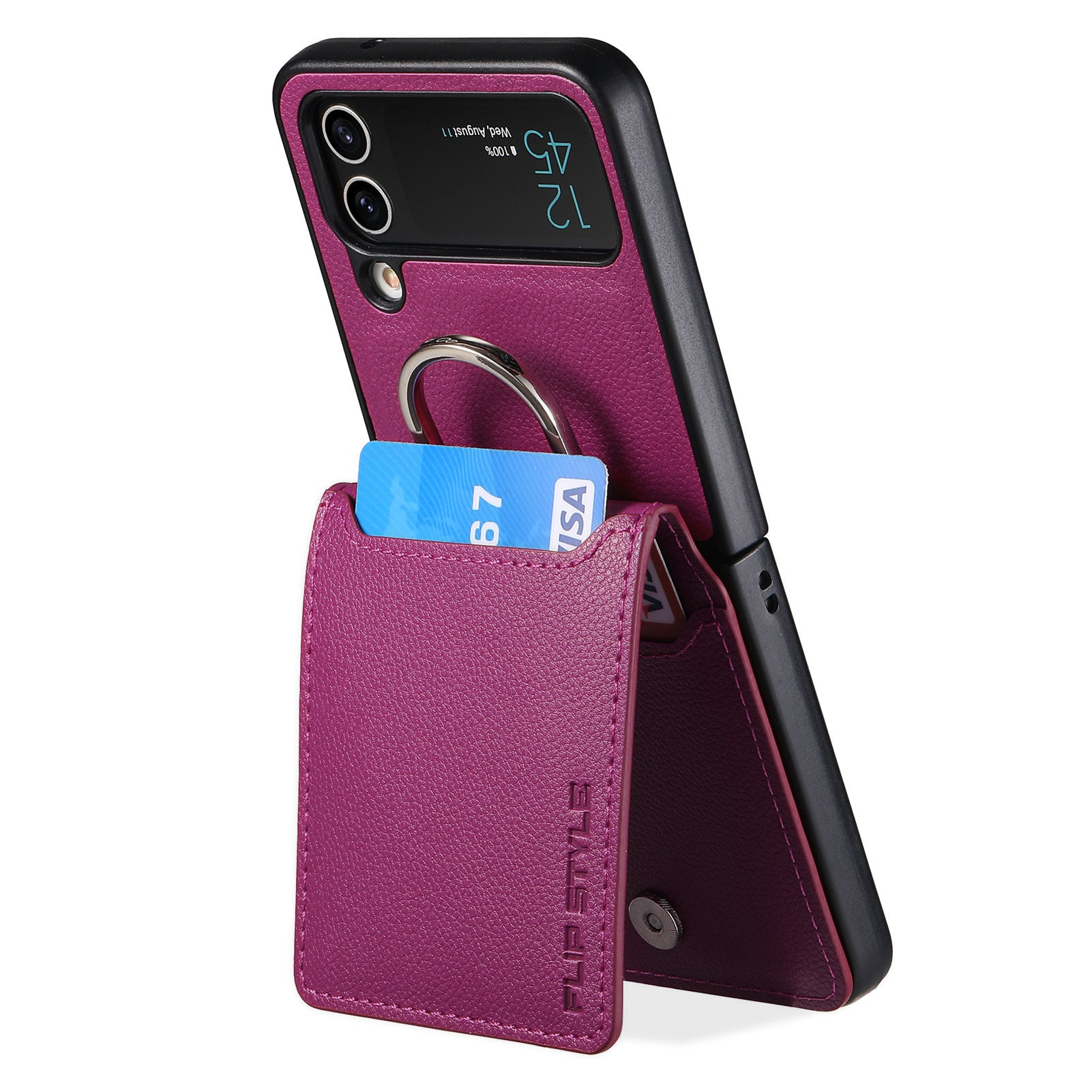 For Samsung Galaxy Z Flip4 5G Card Holder Kickstand Case PU Leather Coated PC Phone Cover with Built-in Metal Sheet For Samsung Galaxy Z Flip4 5G Card Holder Kickstand Case PU Leather Coated PC Phone Cover with Built-in Metal Sheet
